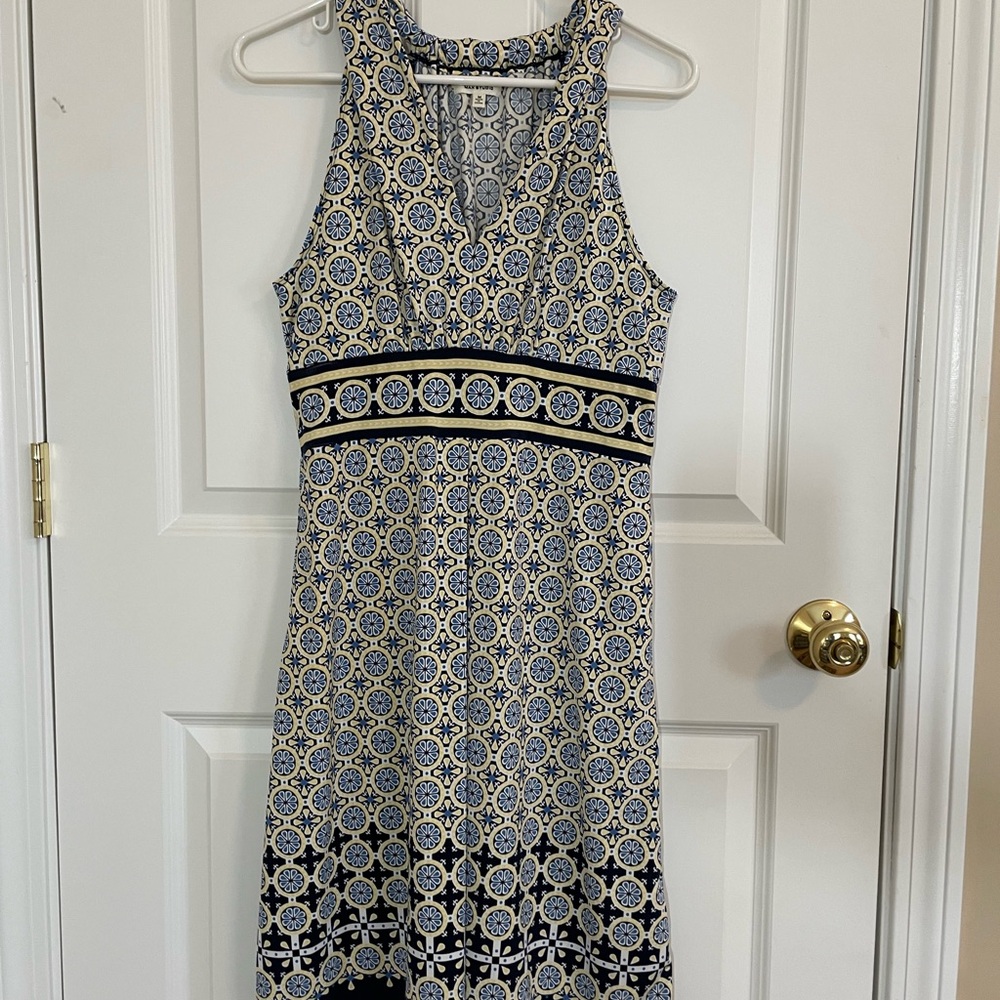 Max Studio Blue and White Sleeveless Halter Midi Dress